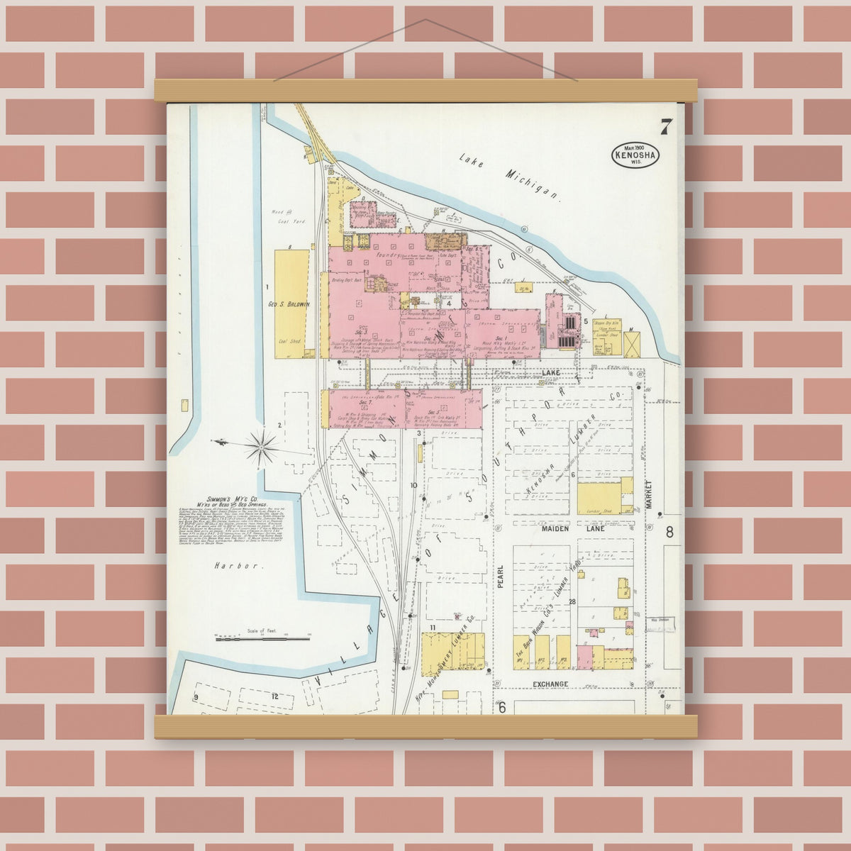 Old map wall art mockup — magnetic wood frame on brick wall — Sanborn Fire Insurance Map from Kenosha, Kenosha County, Wisconsin (1900), Sheet #0007