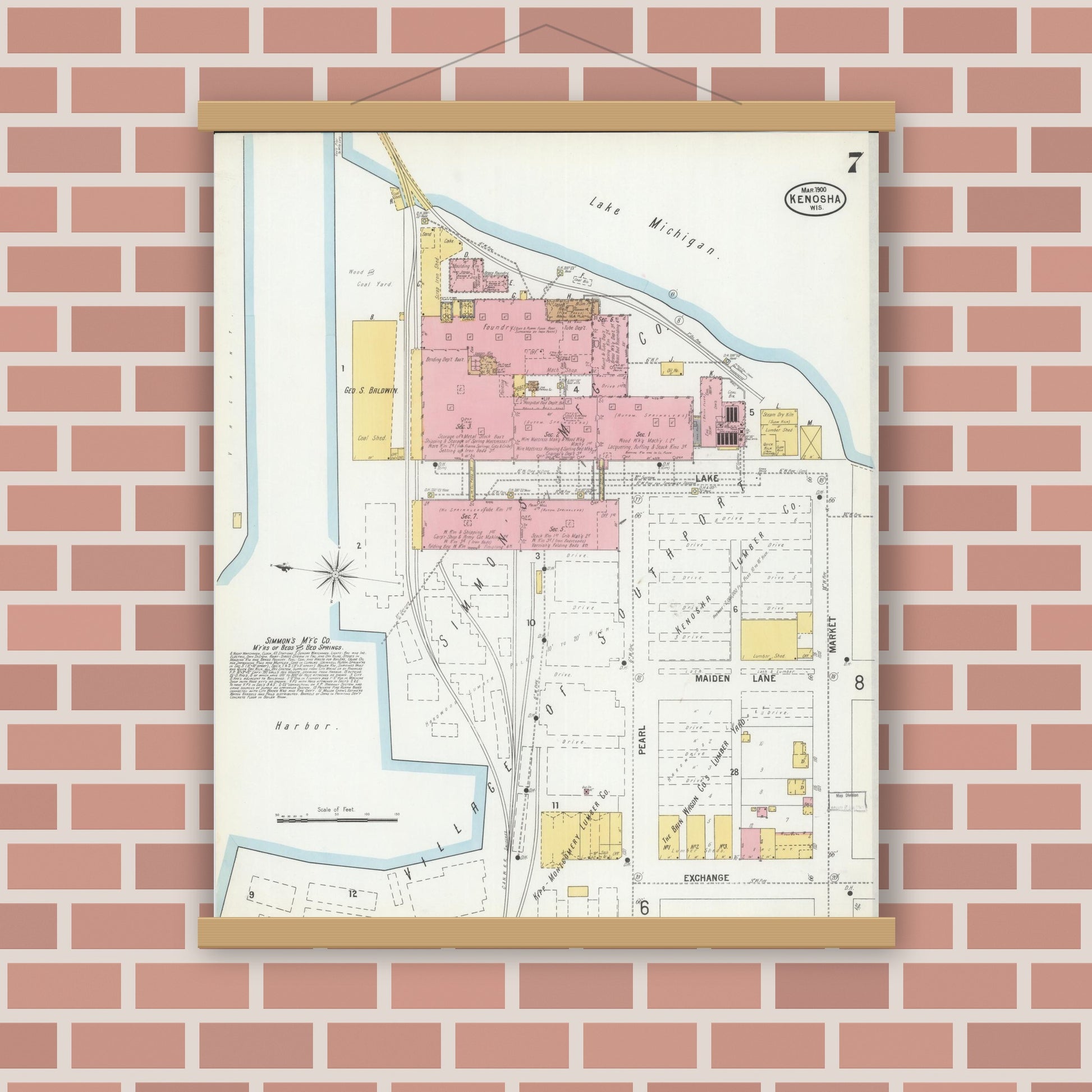 Old map wall art mockup — magnetic wood frame on brick wall — Sanborn Fire Insurance Map from Kenosha, Kenosha County, Wisconsin (1900), Sheet #0007
