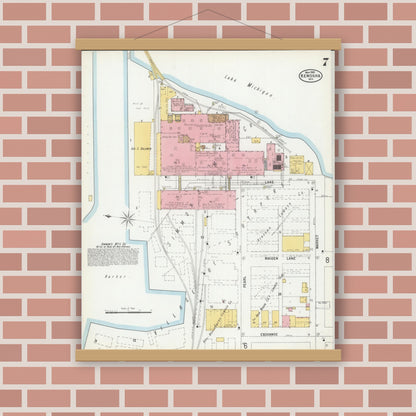Old map wall art mockup — magnetic wood frame on brick wall — Sanborn Fire Insurance Map from Kenosha, Kenosha County, Wisconsin (1900), Sheet #0007