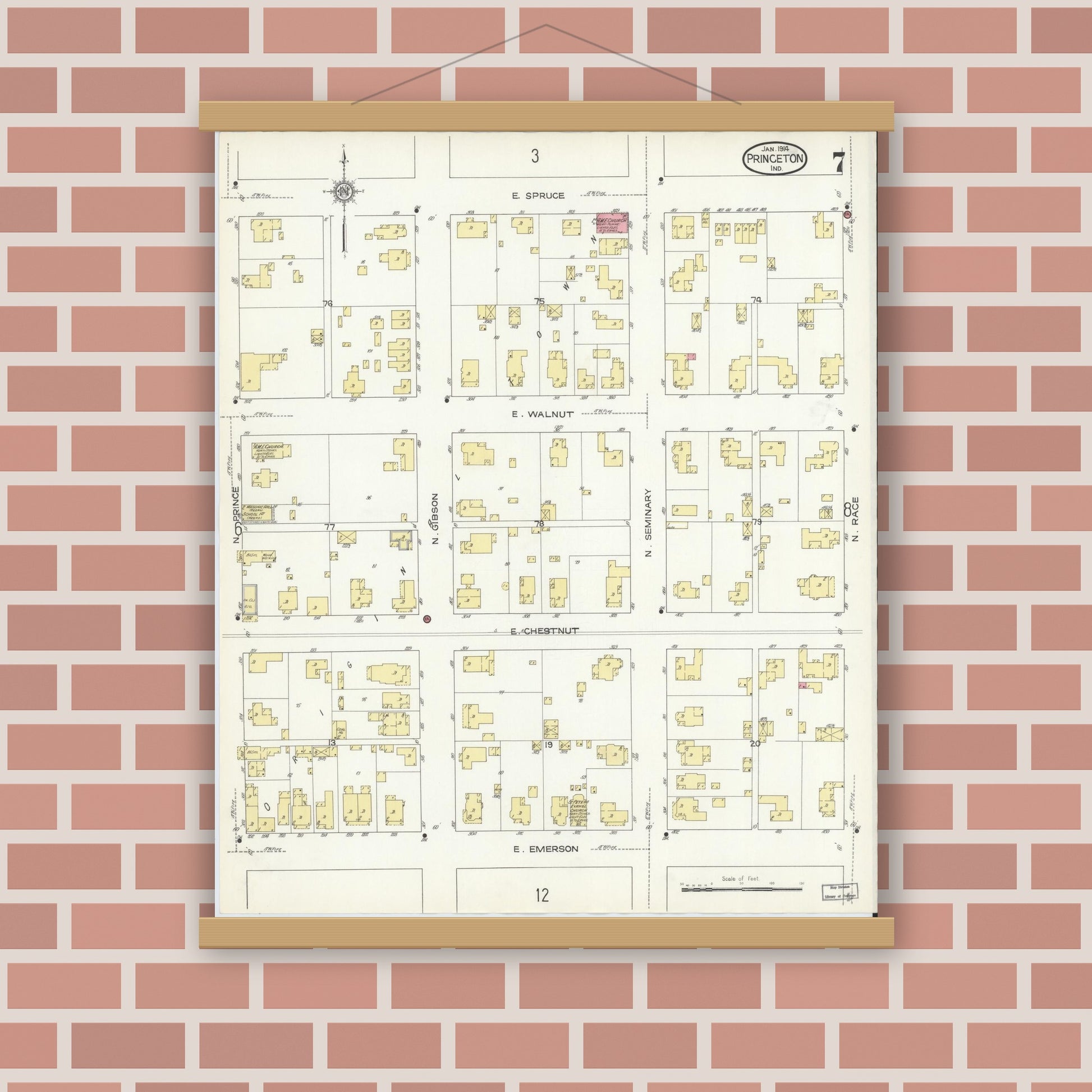 Old map wall art mockup — magnetic wood frame on brick wall — Sanborn Fire Insurance Map from Princeton, Gibson County, Indiana (1914), Sheet #0007