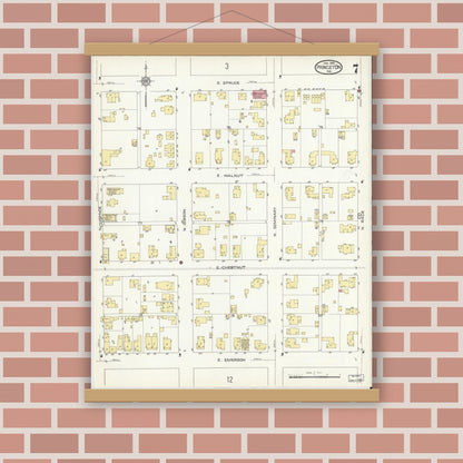 Old map wall art mockup — magnetic wood frame on brick wall — Sanborn Fire Insurance Map from Princeton, Gibson County, Indiana (1914), Sheet #0007