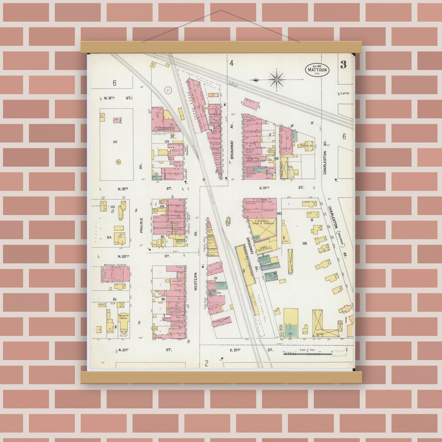 Old map wall art mockup — magnetic wood frame on brick wall — Sanborn Fire Insurance Map from Mattoon, Coles County, Illinois (1902), Sheet #0003