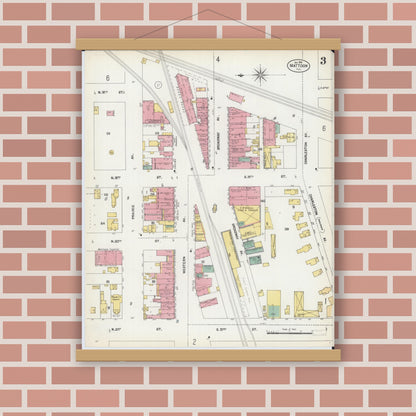 Old map wall art mockup — magnetic wood frame on brick wall — Sanborn Fire Insurance Map from Mattoon, Coles County, Illinois (1902), Sheet #0003
