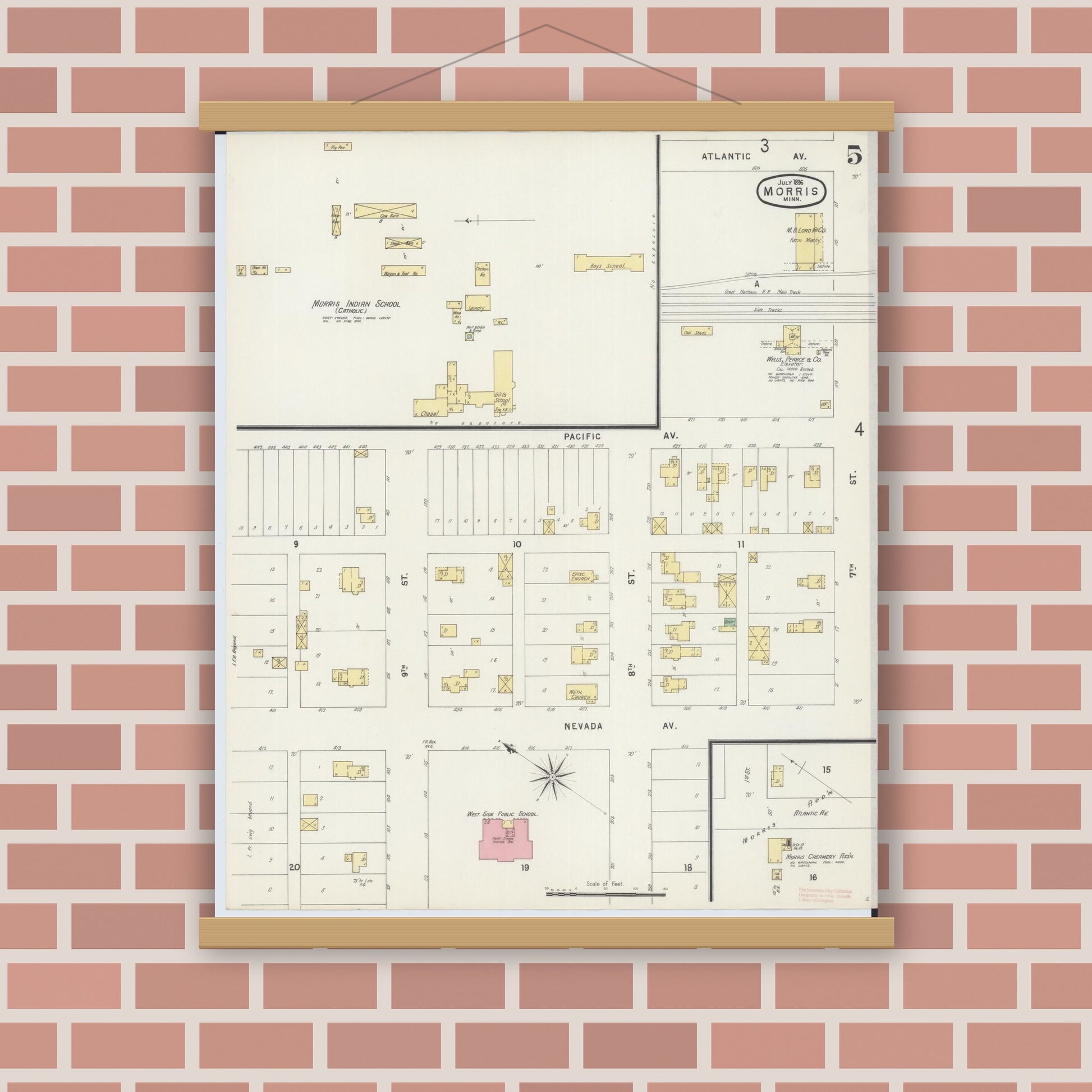 Old map wall art mockup — magnetic wood frame on brick wall — Sanborn Fire Insurance Map from Morris, Stevens County, Minnesota (1896), Sheet #0005