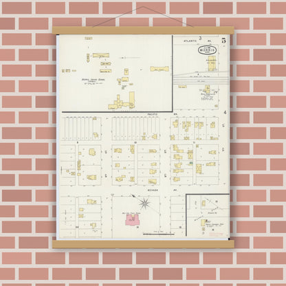 Old map wall art mockup — magnetic wood frame on brick wall — Sanborn Fire Insurance Map from Morris, Stevens County, Minnesota (1896), Sheet #0005