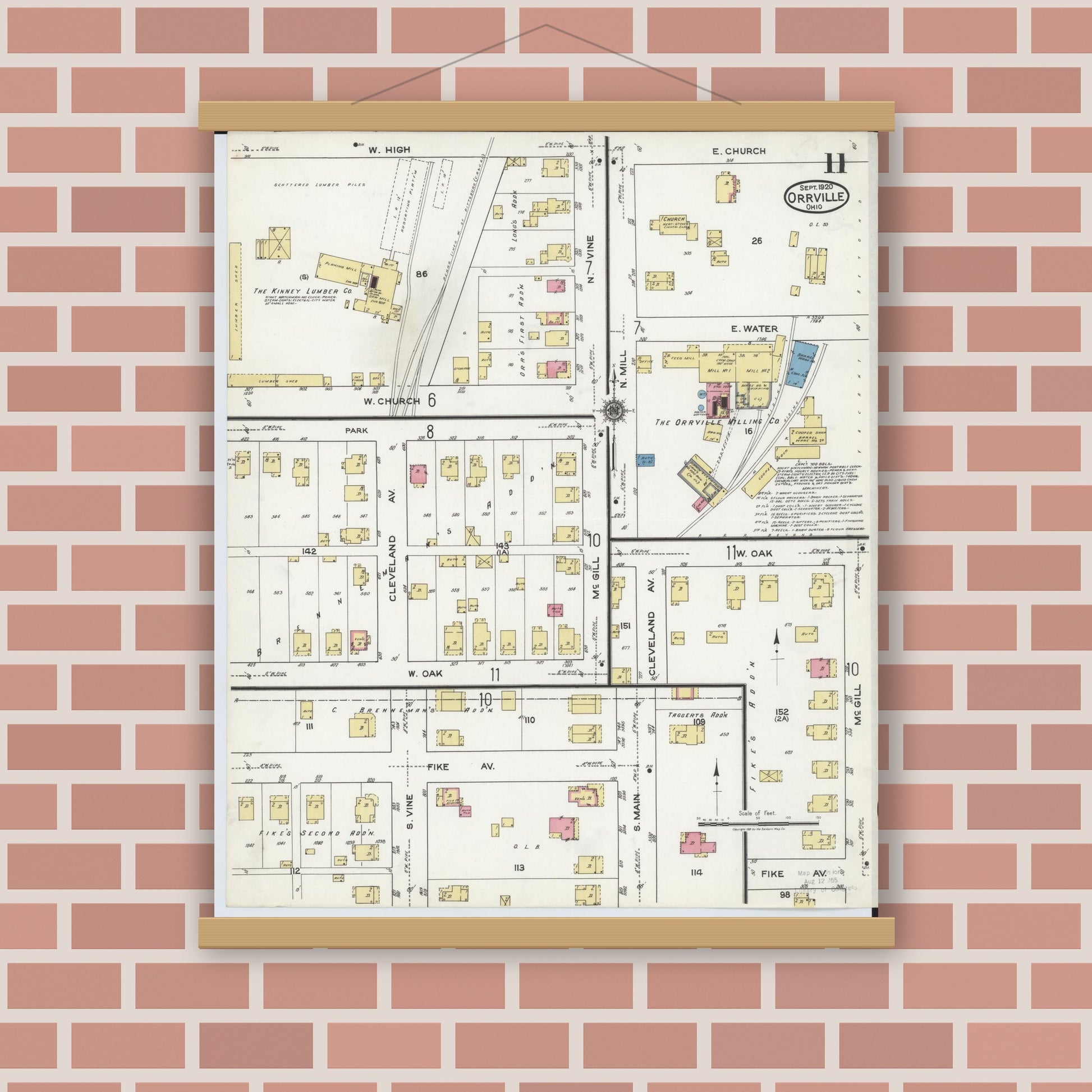 Old map wall art mockup — magnetic wood frame on brick wall — Sanborn Fire Insurance Map from Orrville, Wayne County, Ohio (1920), Sheet #0011