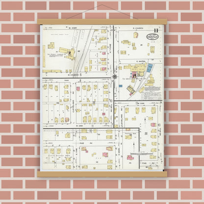 Old map wall art mockup — magnetic wood frame on brick wall — Sanborn Fire Insurance Map from Orrville, Wayne County, Ohio (1920), Sheet #0011
