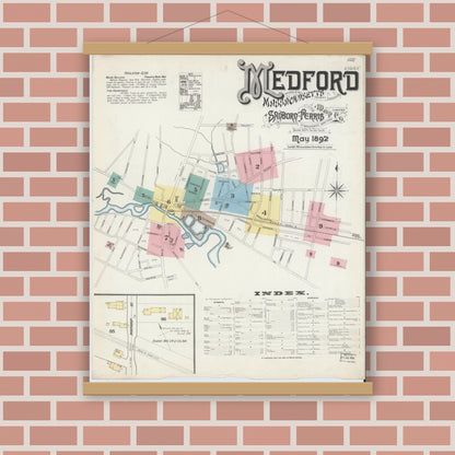 Old map wall art mockup — magnetic wood frame on brick wall — Sanborn Fire Insurance Map from Medford, Middlesex County, Massachusetts (1892) - Complete Map Set
