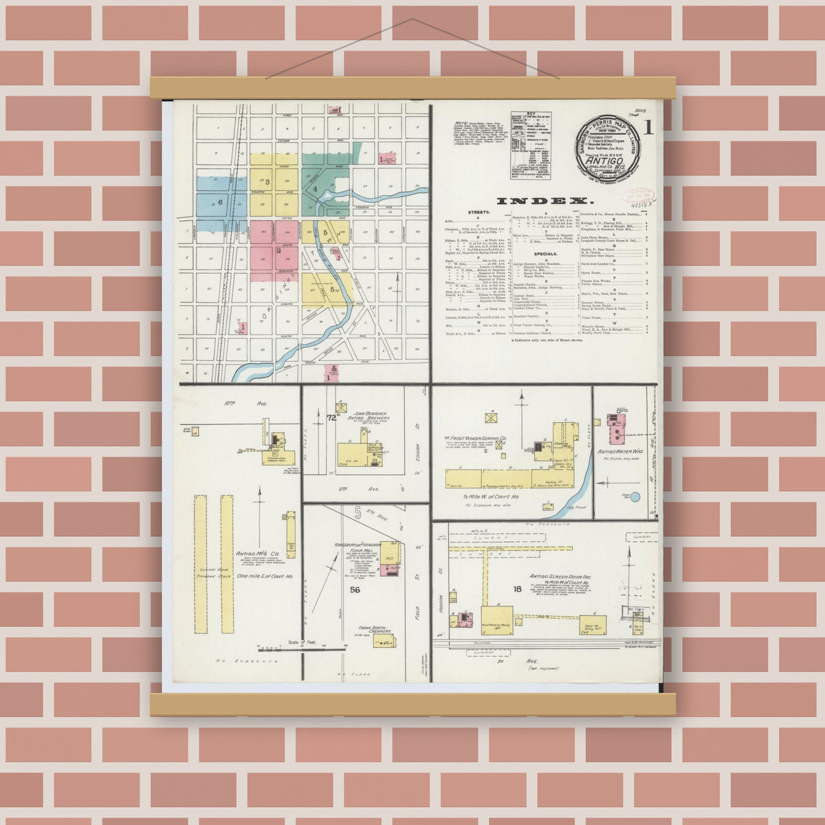 Old map wall art mockup — magnetic wood frame on brick wall — Sanborn Fire Insurance Map from Antigo, Langlade County, Wisconsin (1892) - Complete Map Set