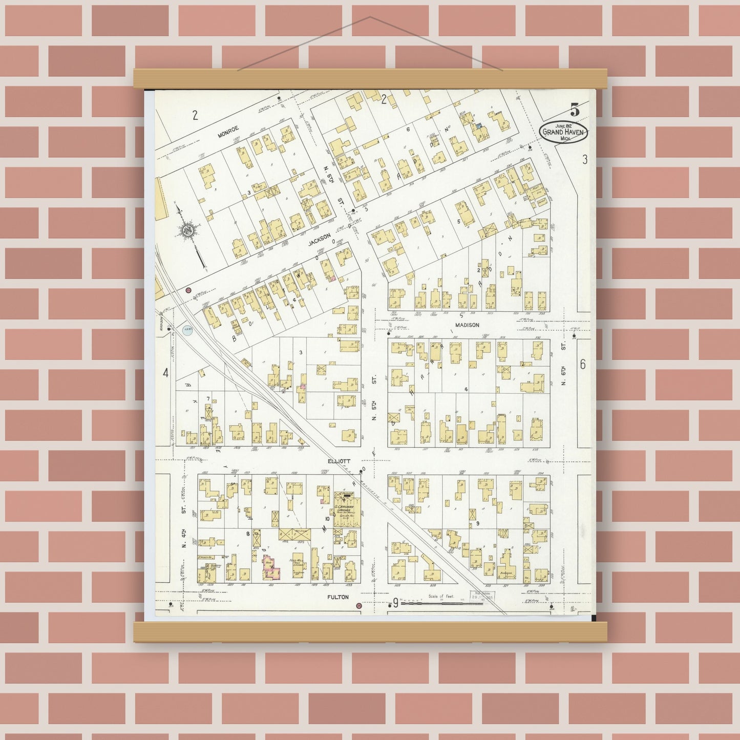 Old map wall art mockup — magnetic wood frame on brick wall — Sanborn Fire Insurance Map from Grand Haven, Ottawa County, Michigan (1912), Sheet #0005