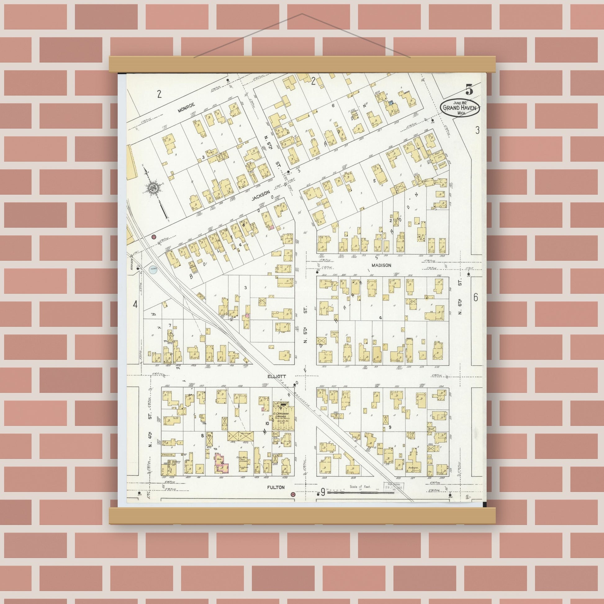 Old map wall art mockup — magnetic wood frame on brick wall — Sanborn Fire Insurance Map from Grand Haven, Ottawa County, Michigan (1912), Sheet #0005