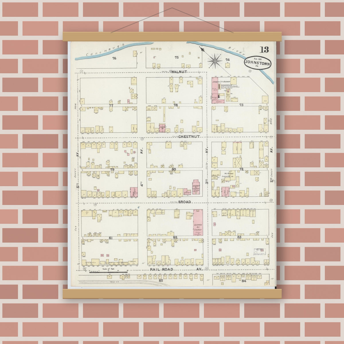 Old map wall art mockup — magnetic wood frame on brick wall — Sanborn Fire Insurance Map from Johnstown, Cambria County, Pennsylvania (1891), Sheet #0013