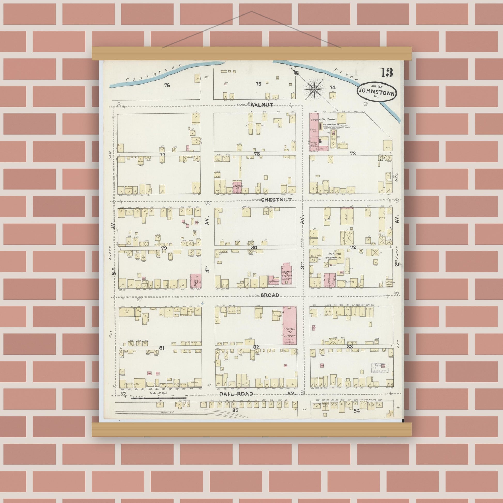 Old map wall art mockup — magnetic wood frame on brick wall — Sanborn Fire Insurance Map from Johnstown, Cambria County, Pennsylvania (1891), Sheet #0013