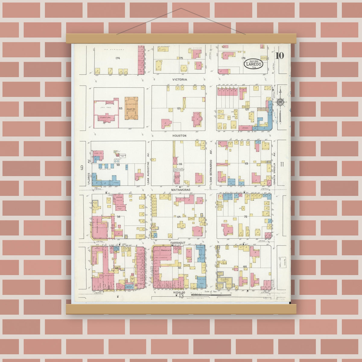 Old map wall art mockup — magnetic wood frame on brick wall — Sanborn Fire Insurance Map from Laredo, Webb County, Texas (1916), Sheet #0010
