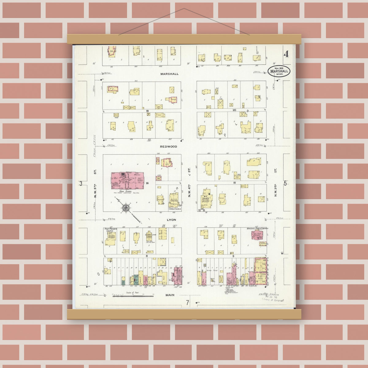 Old map wall art mockup — magnetic wood frame on brick wall — Sanborn Fire Insurance Map from Marshall, Lyon County, Minnesota (1909), Sheet #0004