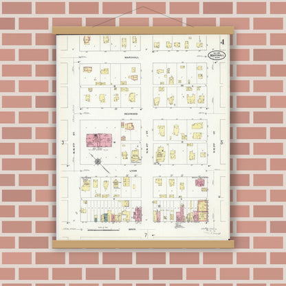 Old map wall art mockup — magnetic wood frame on brick wall — Sanborn Fire Insurance Map from Marshall, Lyon County, Minnesota (1909), Sheet #0004