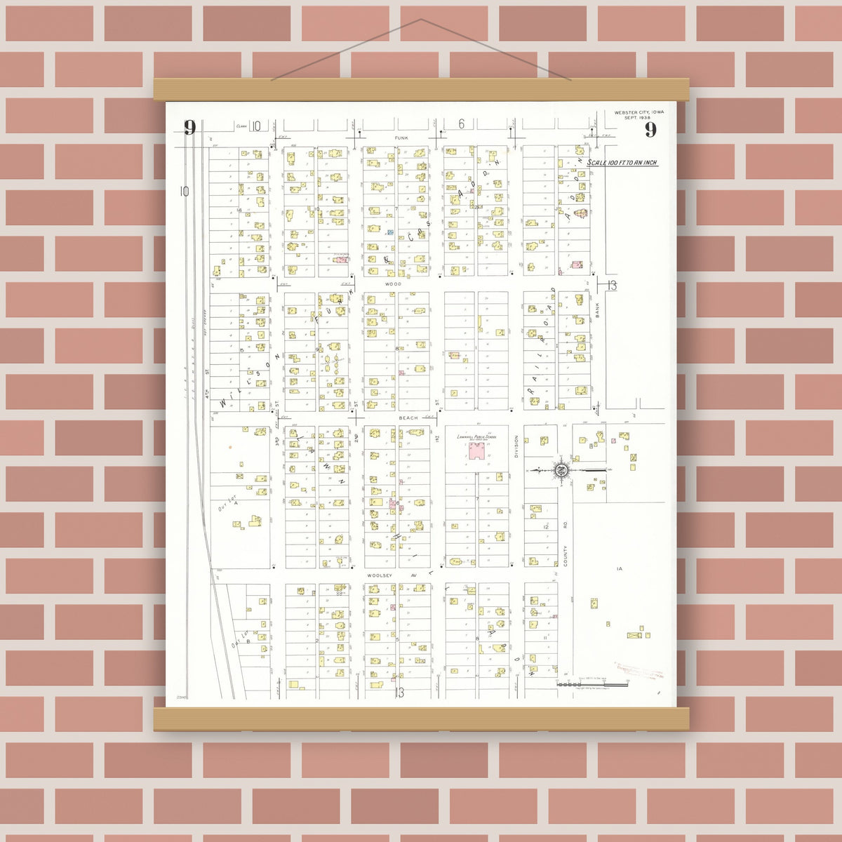 Old map wall art mockup — magnetic wood frame on brick wall — Sanborn Fire Insurance Map from Webster City, Hamilton County, Iowa (1938), Sheet #0009