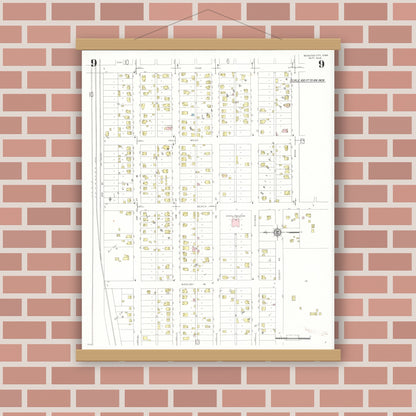 Old map wall art mockup — magnetic wood frame on brick wall — Sanborn Fire Insurance Map from Webster City, Hamilton County, Iowa (1938), Sheet #0009