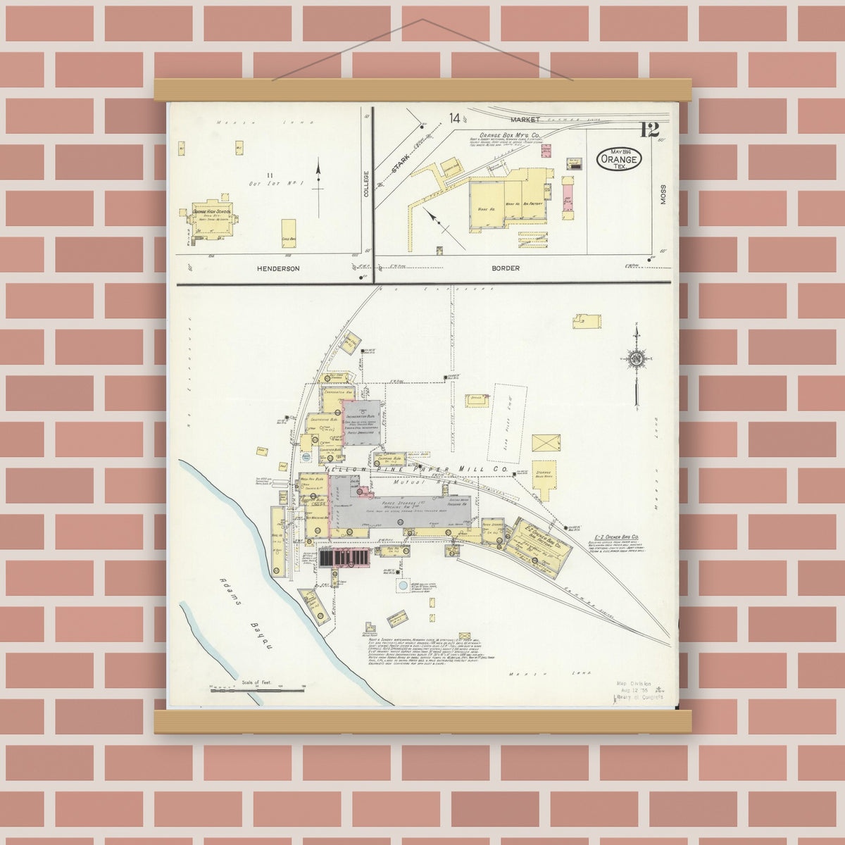 Old map wall art mockup — magnetic wood frame on brick wall — Sanborn Fire Insurance Map from Orange, Orange County, Texas (1914), Sheet #0012
