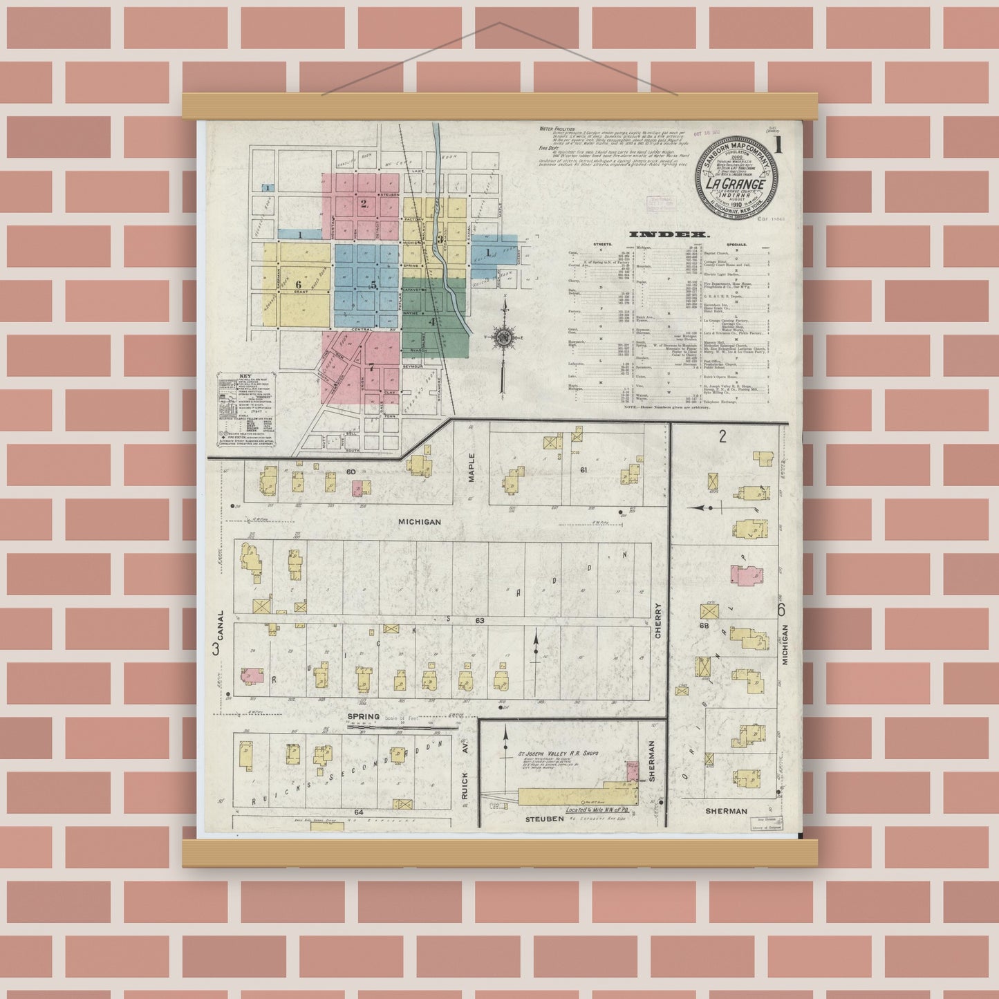Old map wall art mockup — magnetic wood frame on brick wall — Sanborn Fire Insurance Map from Lagrange, LaGrange County, Indiana (1910), Sheet #0001