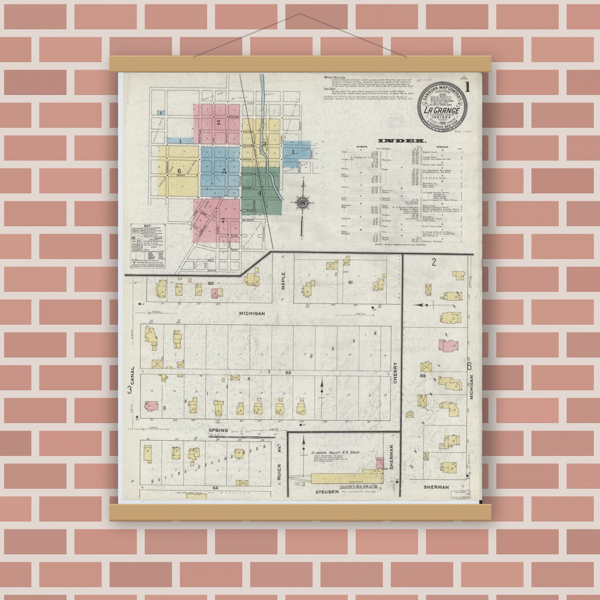 Old map wall art mockup — magnetic wood frame on brick wall — Sanborn Fire Insurance Map from Lagrange, LaGrange County, Indiana (1910), Sheet #0001