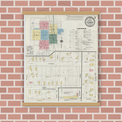 Old map wall art mockup — magnetic wood frame on brick wall — Sanborn Fire Insurance Map from Lagrange, LaGrange County, Indiana (1910), Sheet #0001