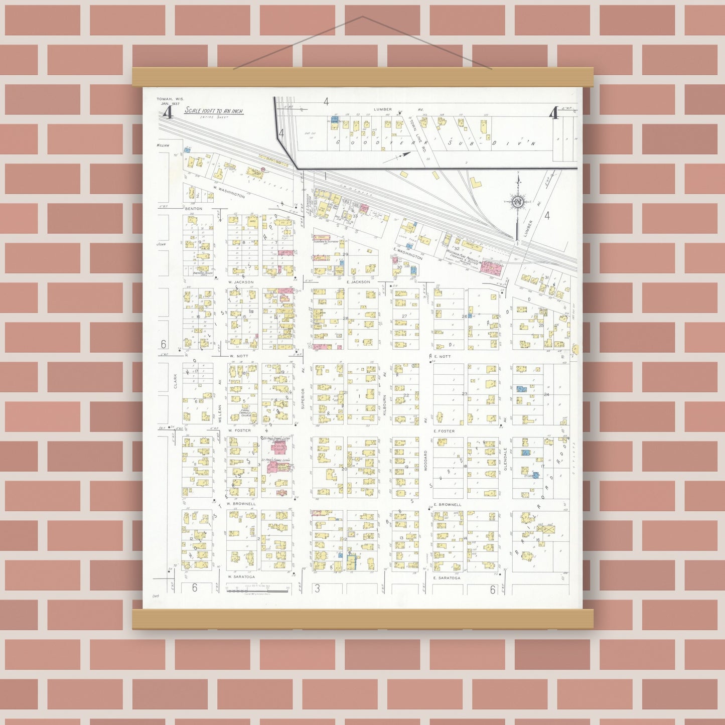 Old map wall art mockup — magnetic wood frame on brick wall — Sanborn Fire Insurance Map from Tomah, Monroe County, Wisconsin (1937), Sheet #0004