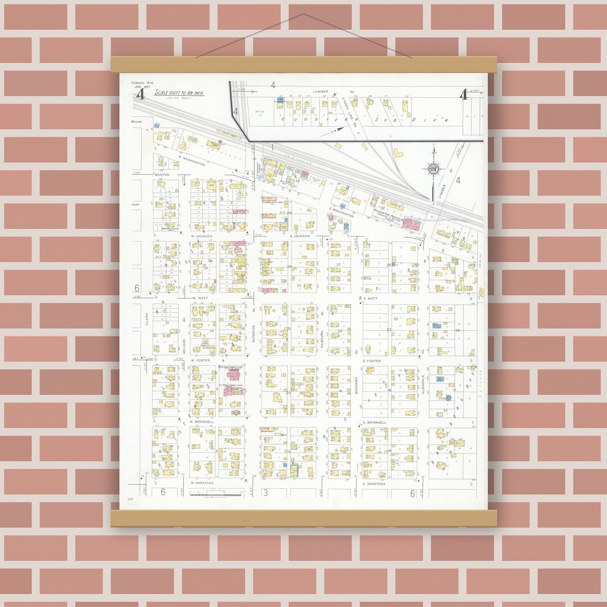 Old map wall art mockup — magnetic wood frame on brick wall — Sanborn Fire Insurance Map from Tomah, Monroe County, Wisconsin (1937), Sheet #0004