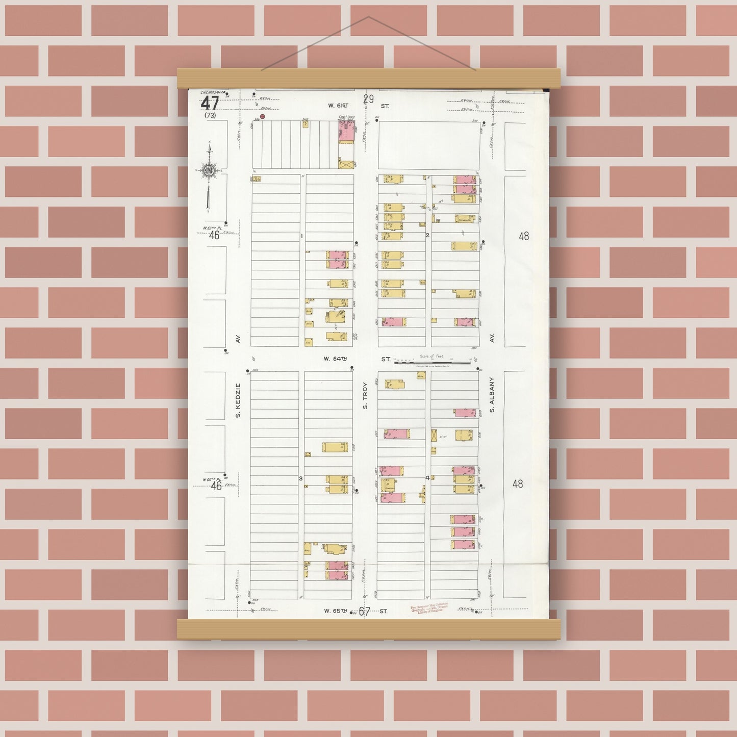 Old map wall art mockup — magnetic wood frame on brick wall — Sanborn Fire Insurance Map from Chicago, Cook County, Illinois (1920), Sheet #0047