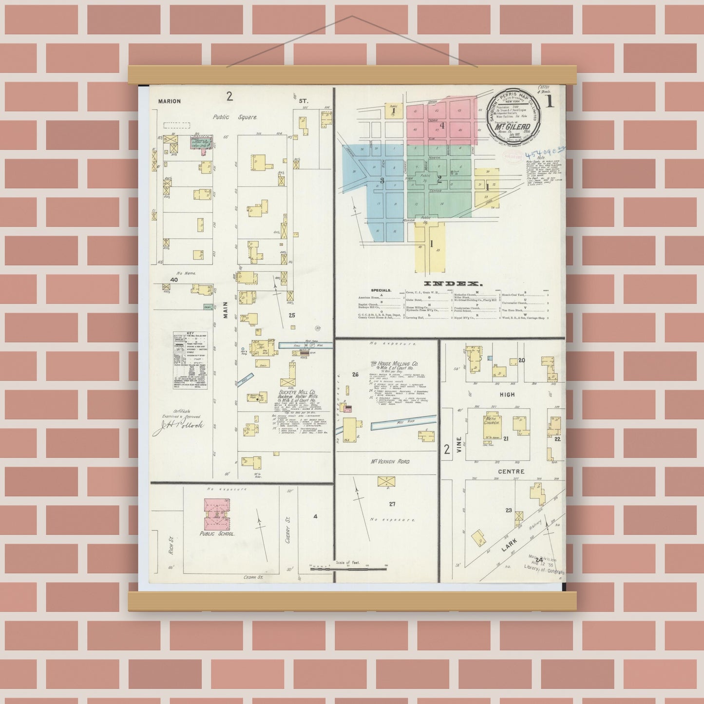 Old map wall art mockup — magnetic wood frame on brick wall — Sanborn Fire Insurance Map from Mount Gilead, Morrow County, Ohio (1897) - Complete Map Set
