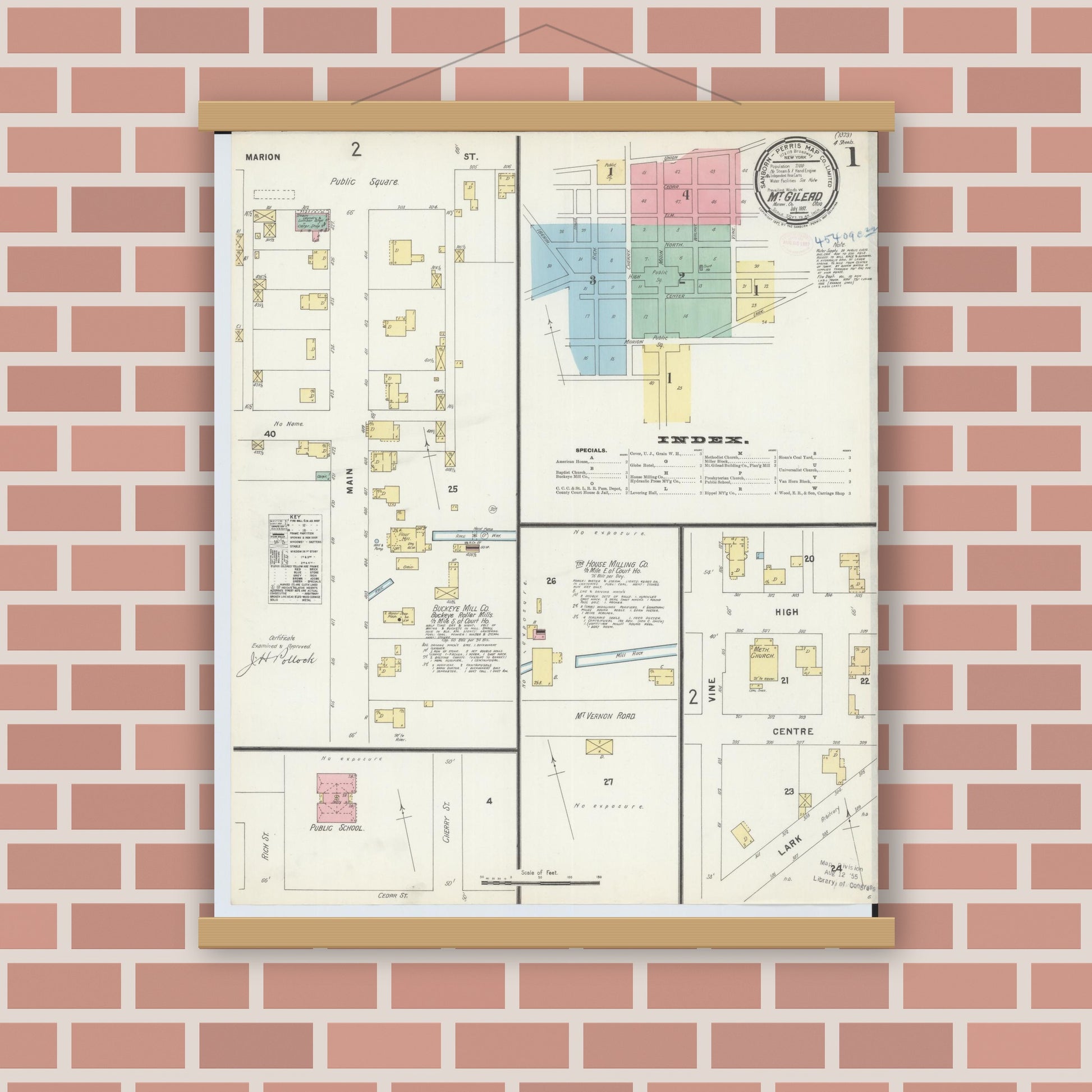 Old map wall art mockup — magnetic wood frame on brick wall — Sanborn Fire Insurance Map from Mount Gilead, Morrow County, Ohio (1897) - Complete Map Set