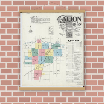 Old map wall art mockup — magnetic wood frame on brick wall — Sanborn Fire Insurance Map from Galion, Crawford County, Ohio (1897) - Complete Map Set
