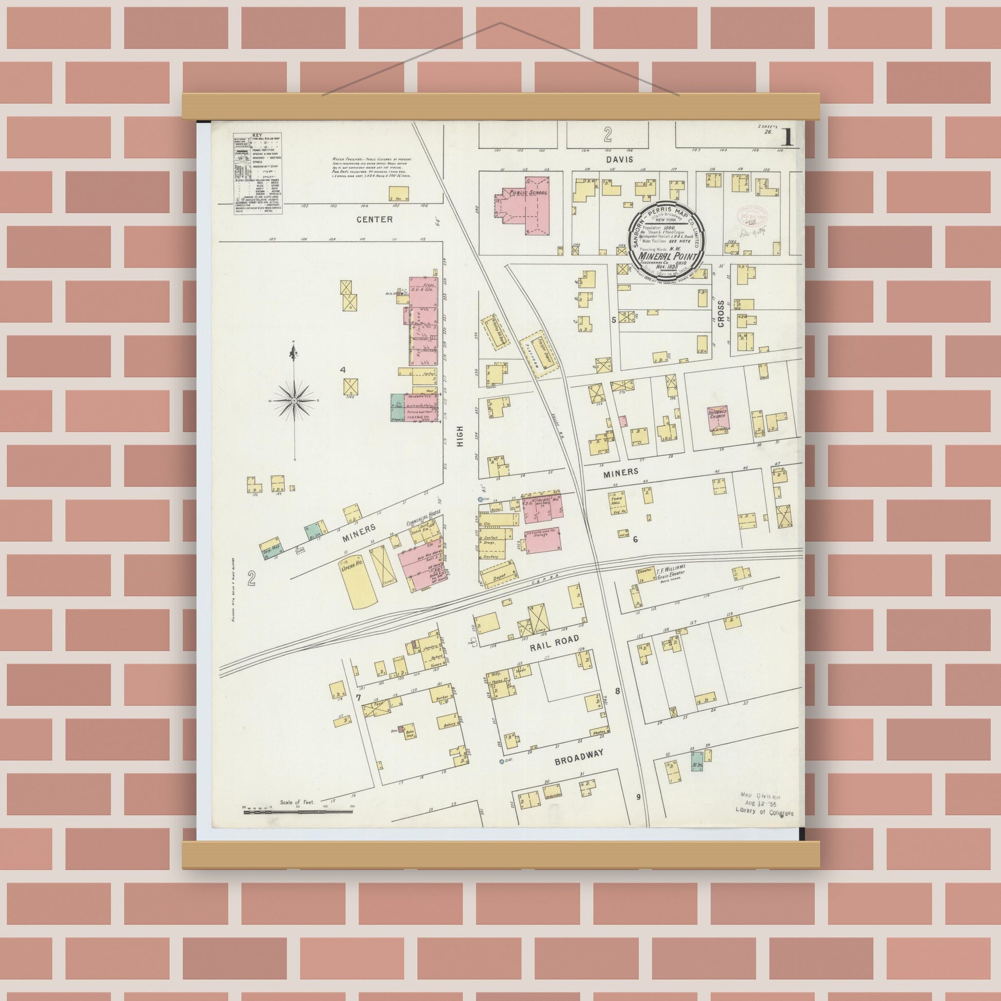 Old map wall art mockup — magnetic wood frame on brick wall — Sanborn Fire Insurance Map from Mineral City, Tuscarawas County, Ohio (1895), Sheet #0001