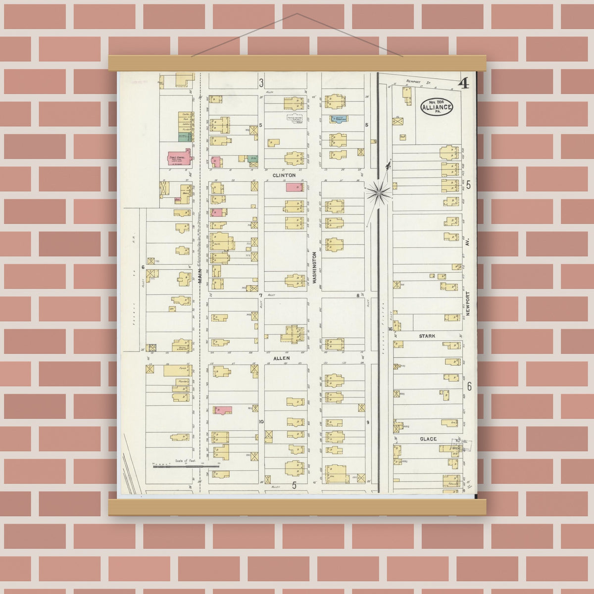 Old map wall art mockup — magnetic wood frame on brick wall — Sanborn Fire Insurance Map from Alliance, Northampton County, Pennsylvania (1904), Sheet #0004