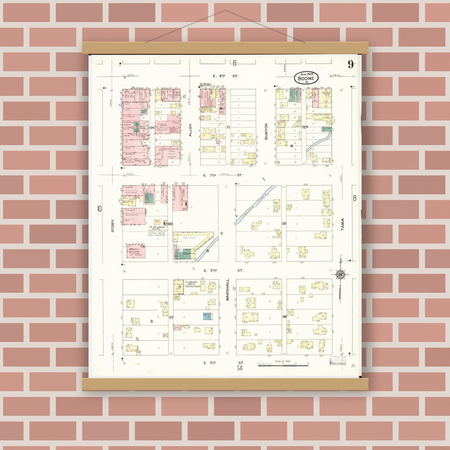 Old map wall art mockup — magnetic wood frame on brick wall — Sanborn Fire Insurance Map from Boone, Boone County, Iowa (1909), Sheet #0009