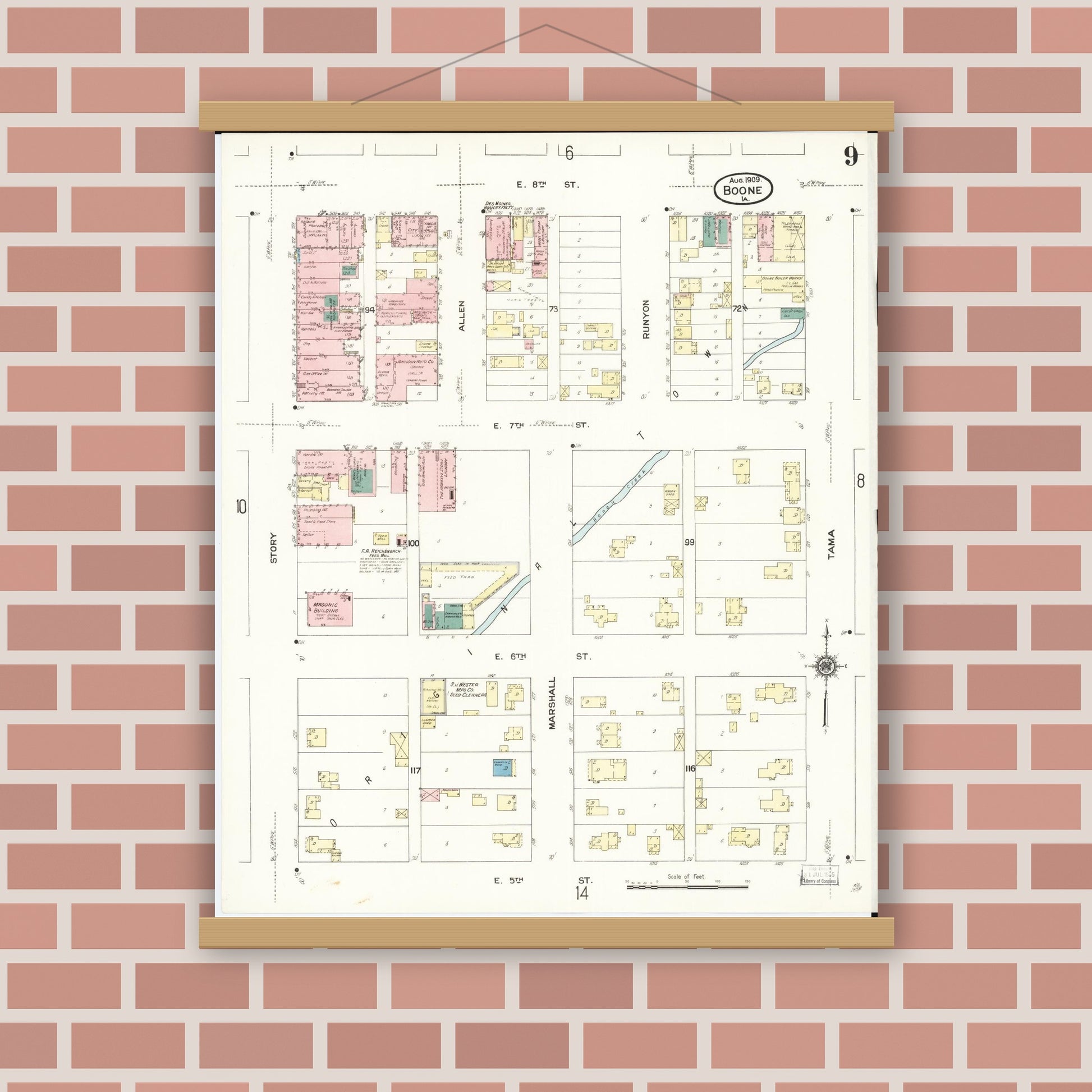 Old map wall art mockup — magnetic wood frame on brick wall — Sanborn Fire Insurance Map from Boone, Boone County, Iowa (1909), Sheet #0009