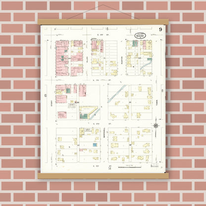 Old map wall art mockup — magnetic wood frame on brick wall — Sanborn Fire Insurance Map from Boone, Boone County, Iowa (1909), Sheet #0009