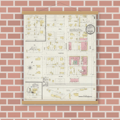 Old map wall art mockup — magnetic wood frame on brick wall — Sanborn Fire Insurance Map from Rockdale, Milam County, Texas (1896) - Complete Map Set