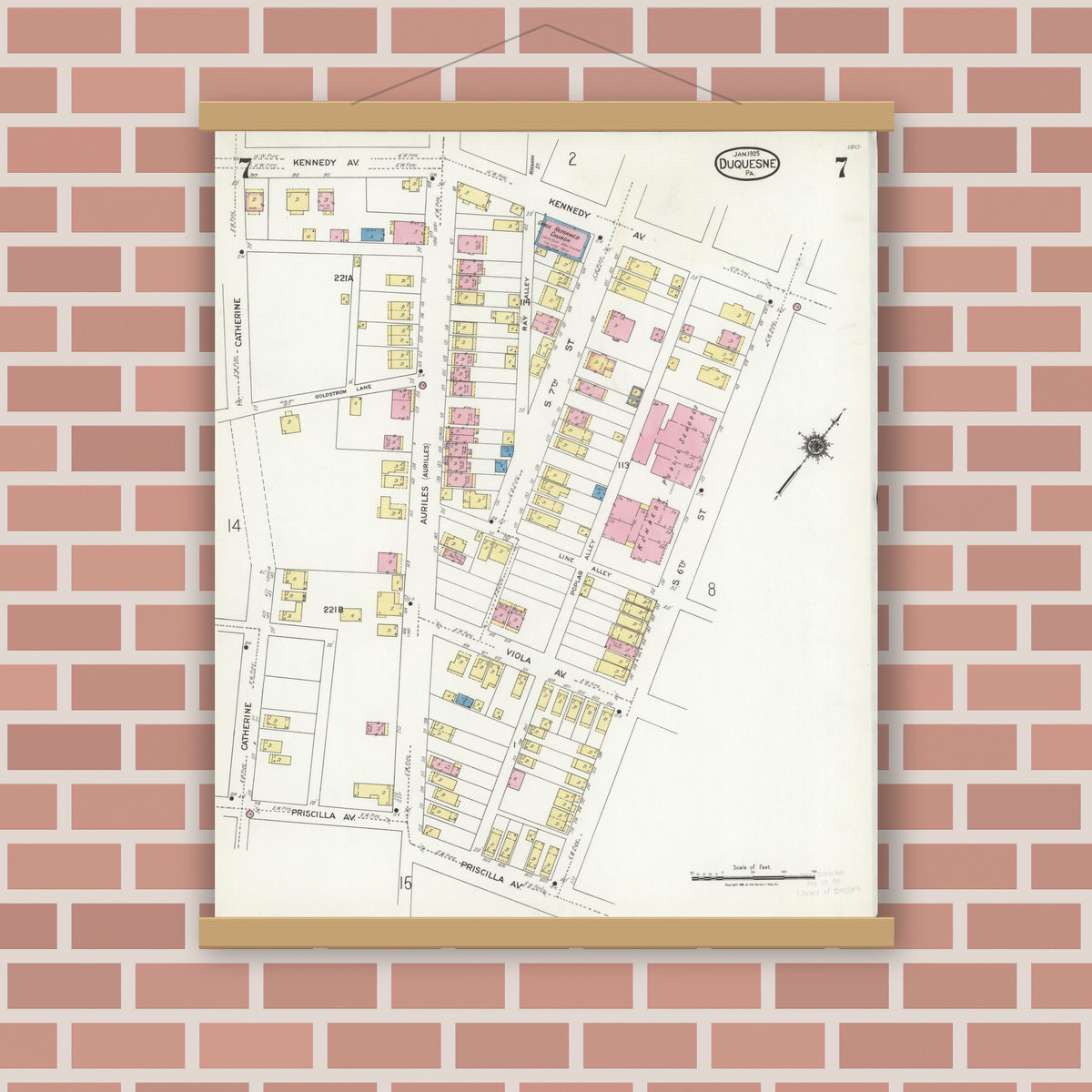 Old map wall art mockup — magnetic wood frame on brick wall — Sanborn Fire Insurance Map from Duquesne, Allegheny County, Pennsylvania (1925), Sheet #0007