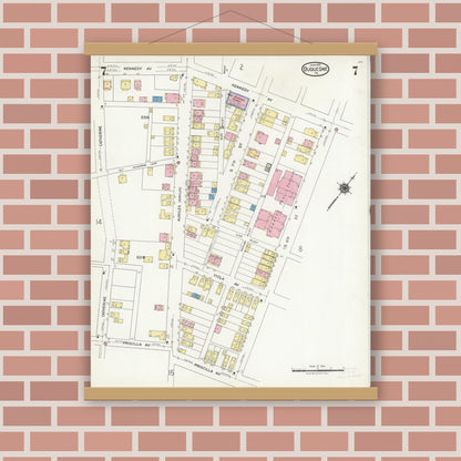 Old map wall art mockup — magnetic wood frame on brick wall — Sanborn Fire Insurance Map from Duquesne, Allegheny County, Pennsylvania (1925), Sheet #0007