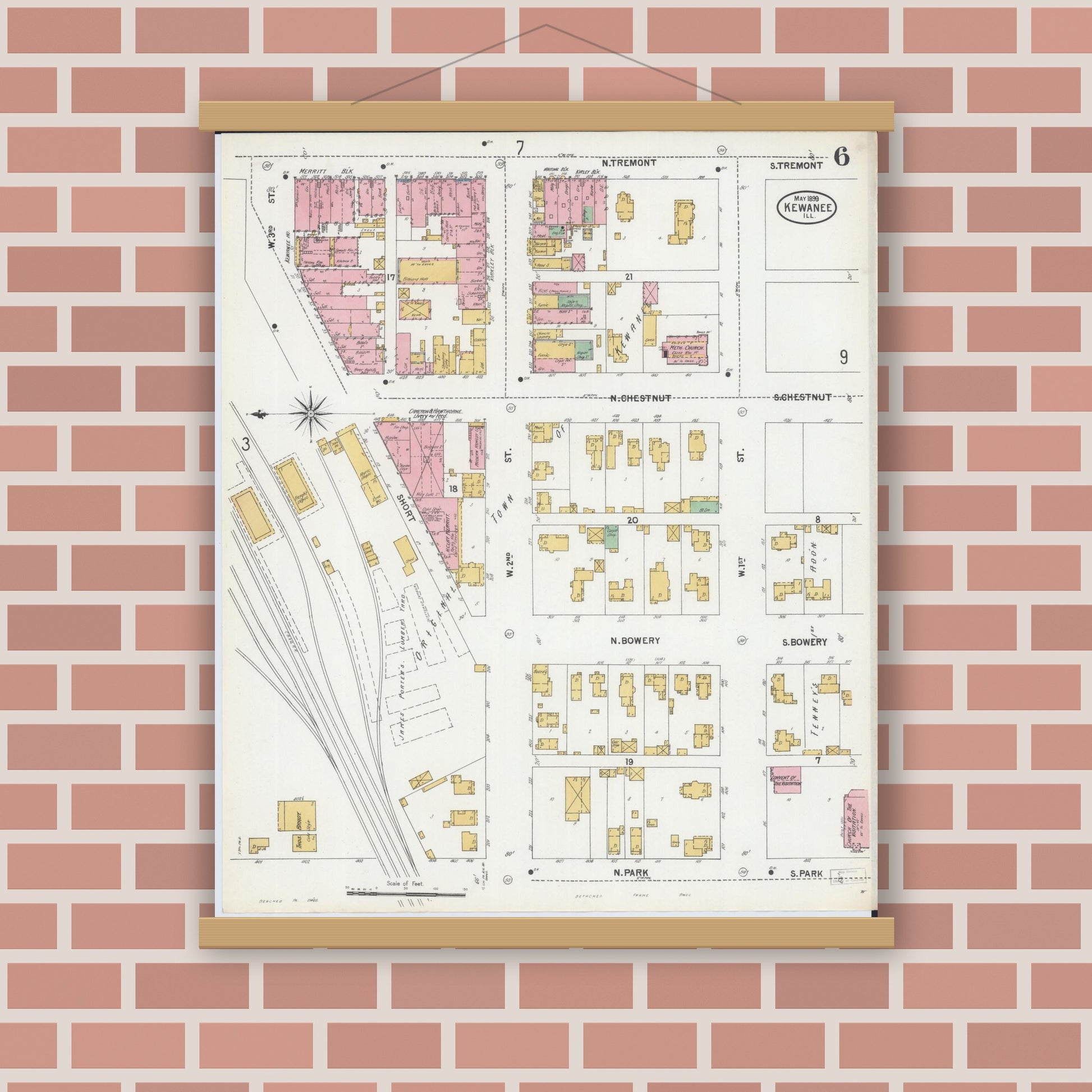Old map wall art mockup — magnetic wood frame on brick wall — Sanborn Fire Insurance Map from Kewanee, Henry County, Illinois (1899), Sheet #0006