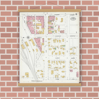 Old map wall art mockup — magnetic wood frame on brick wall — Sanborn Fire Insurance Map from Kewanee, Henry County, Illinois (1899), Sheet #0006