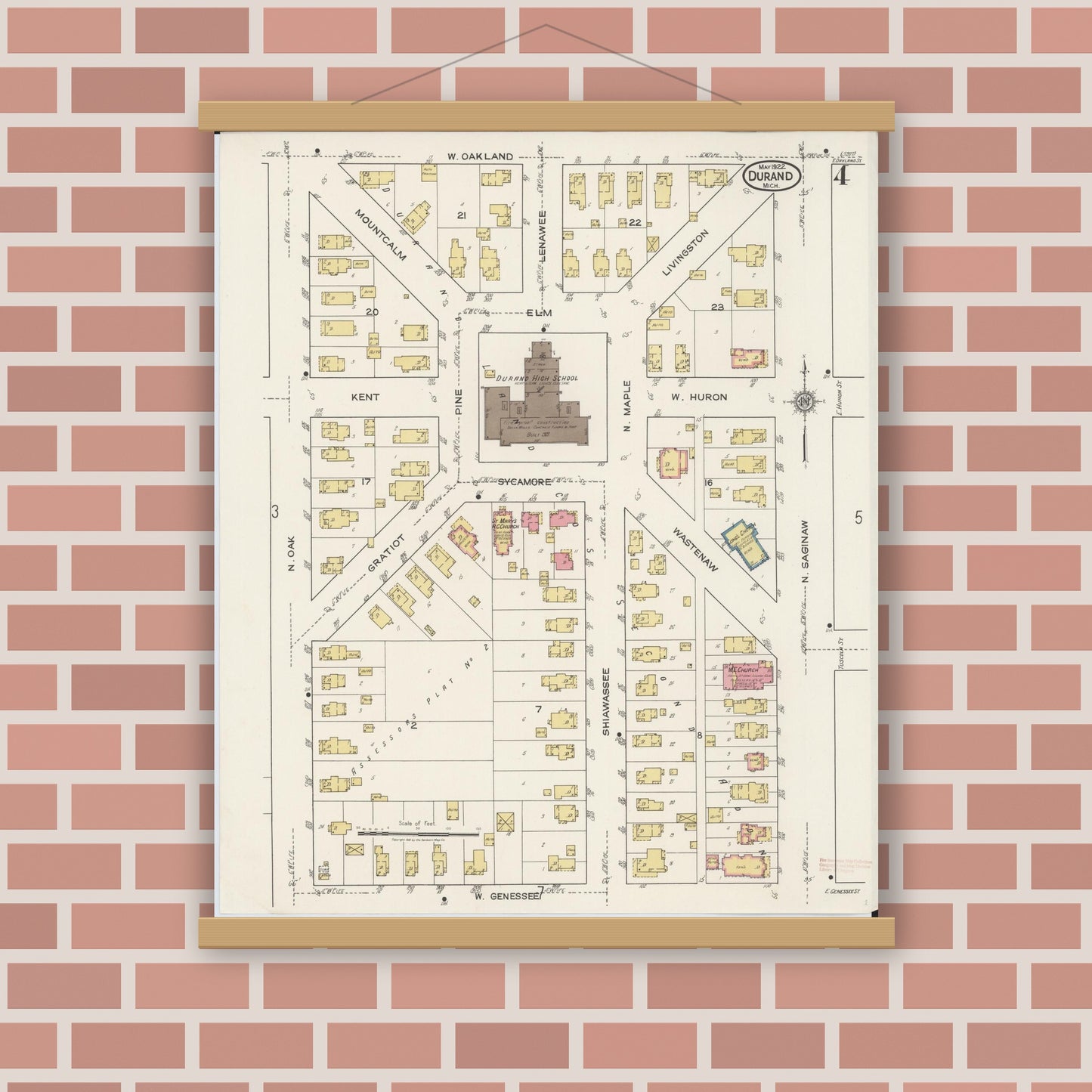 Old map wall art mockup — magnetic wood frame on brick wall — Sanborn Fire Insurance Map from Durand, Shiawassee County, Michigan (1922), Sheet #0004
