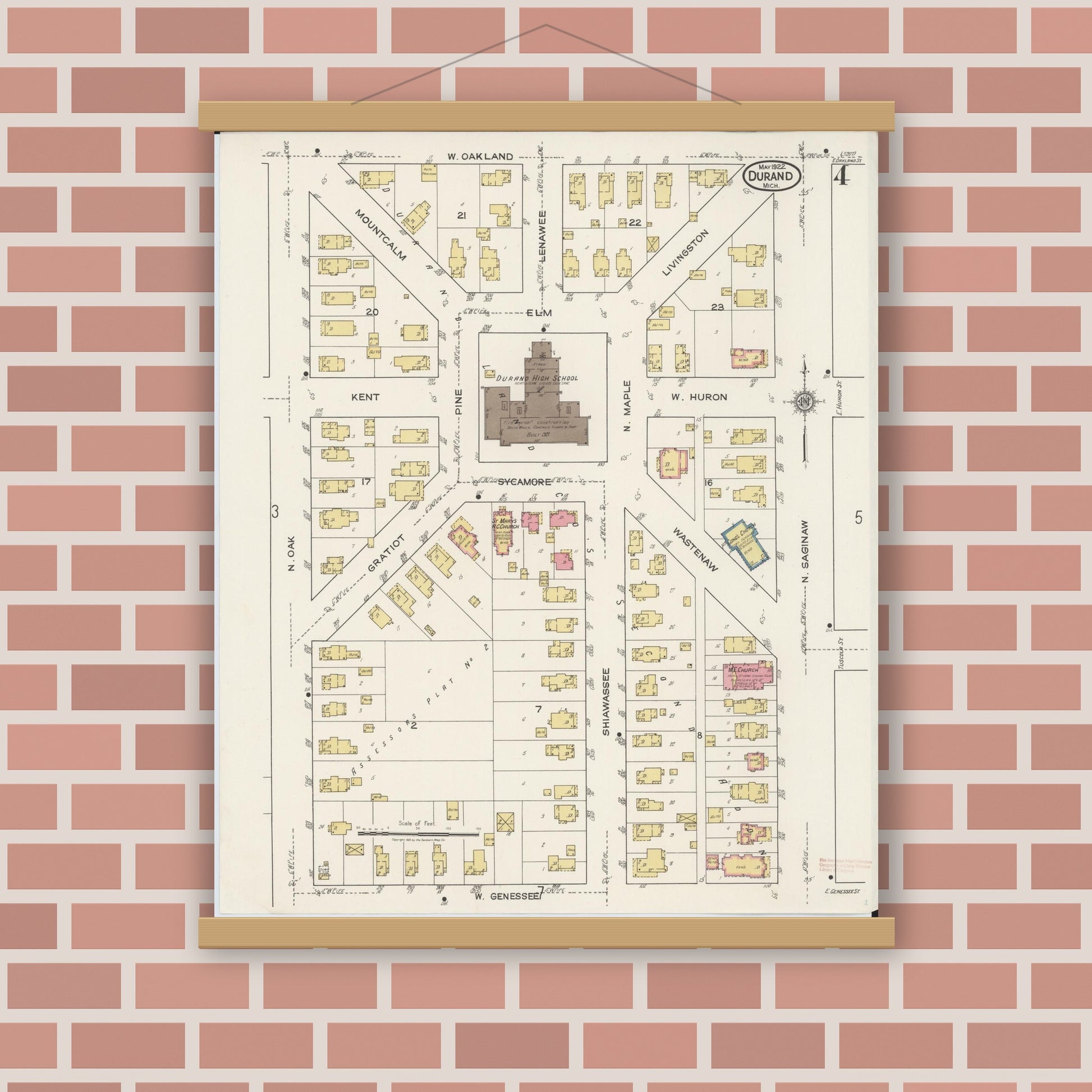 Old map wall art mockup — magnetic wood frame on brick wall — Sanborn Fire Insurance Map from Durand, Shiawassee County, Michigan (1922), Sheet #0004