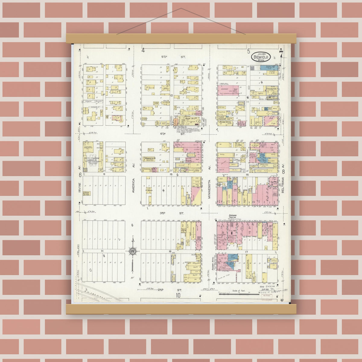 Old map wall art mockup — magnetic wood frame on brick wall — Sanborn Fire Insurance Map from Bemidji, Beltrami County, Minnesota (1914), Sheet #0007