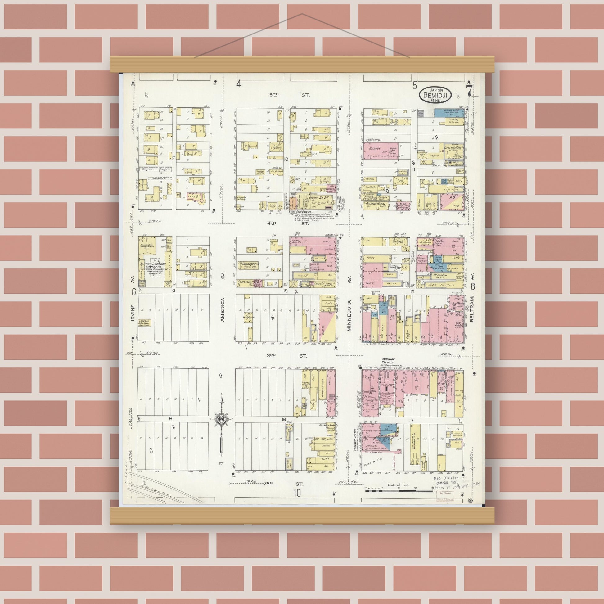 Old map wall art mockup — magnetic wood frame on brick wall — Sanborn Fire Insurance Map from Bemidji, Beltrami County, Minnesota (1914), Sheet #0007