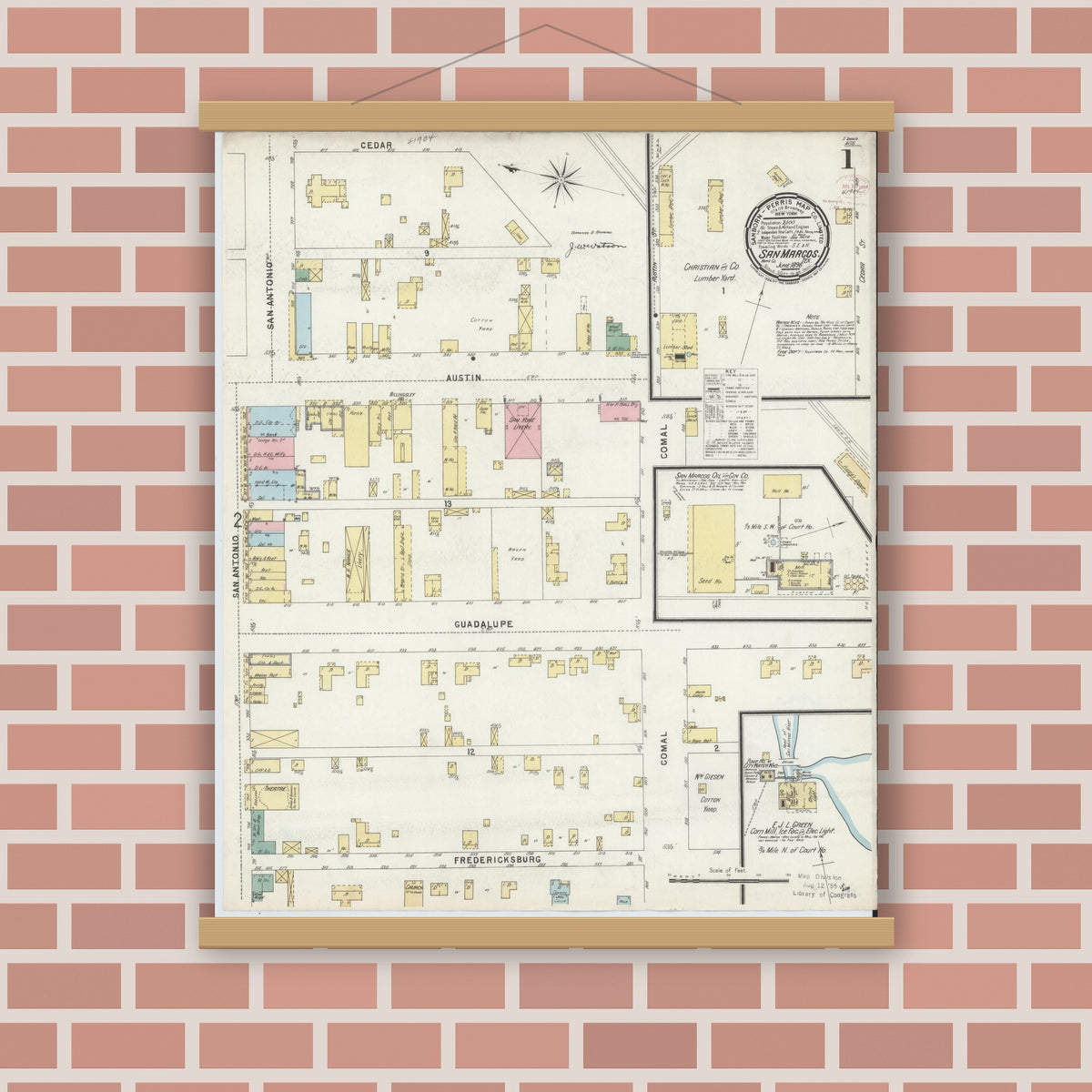 Old map wall art mockup — magnetic wood frame on brick wall — Sanborn Fire Insurance Map from San Marcos, Hays County, Texas (1896) - Complete Map Set