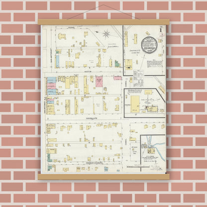 Old map wall art mockup — magnetic wood frame on brick wall — Sanborn Fire Insurance Map from San Marcos, Hays County, Texas (1896) - Complete Map Set