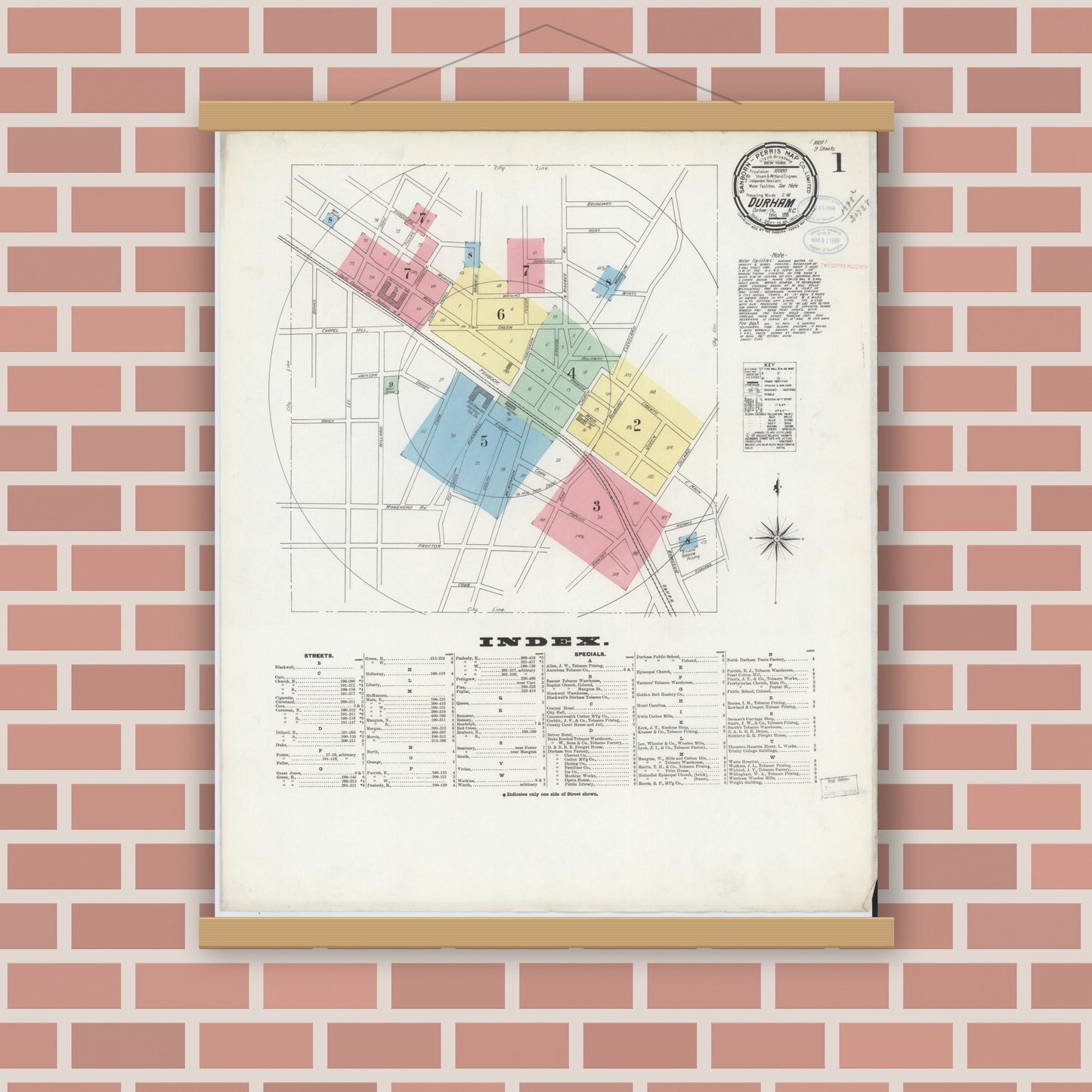 Old map wall art mockup — magnetic wood frame on brick wall — Sanborn Fire Insurance Map from Durham, Durham County, North Carolina (1898), Sheet #0001