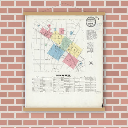 Old map wall art mockup — magnetic wood frame on brick wall — Sanborn Fire Insurance Map from Durham, Durham County, North Carolina (1898), Sheet #0001